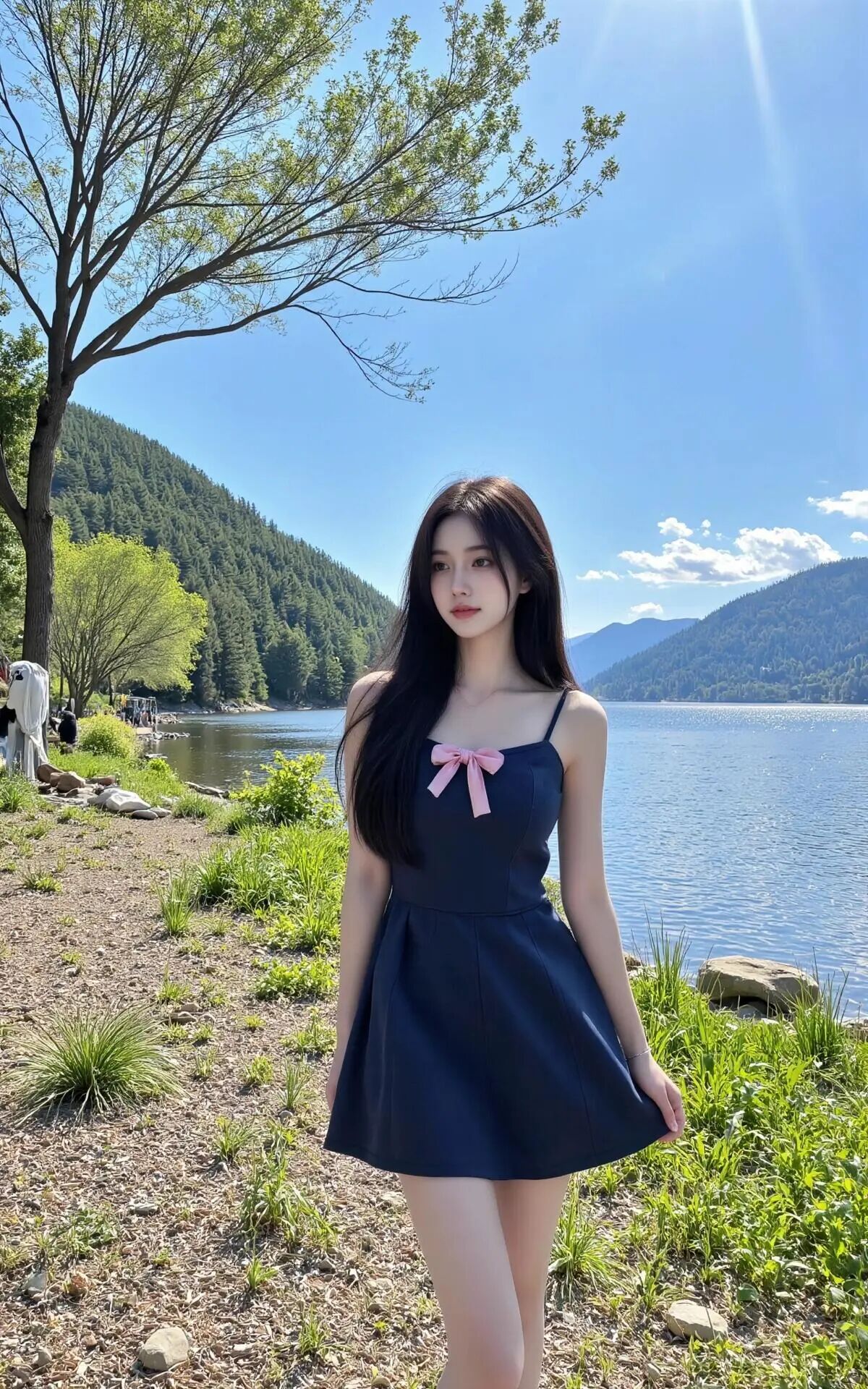 藏蓝蝴蝶结吊带连体裤，搭配黑色鞋子甜美与清新完美融合缩略图