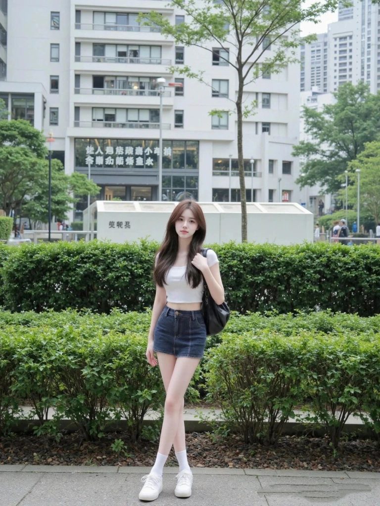 美式辣妹风穿搭白色短款露脐 T 恤 + 牛仔短裙，搭配黑色大包、插图