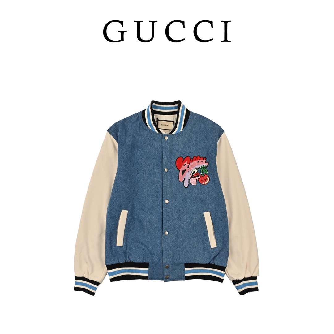 Gucci古驰24ss早新秋冬搞怪樱桃丹宁牛仔拼接外套缩略图